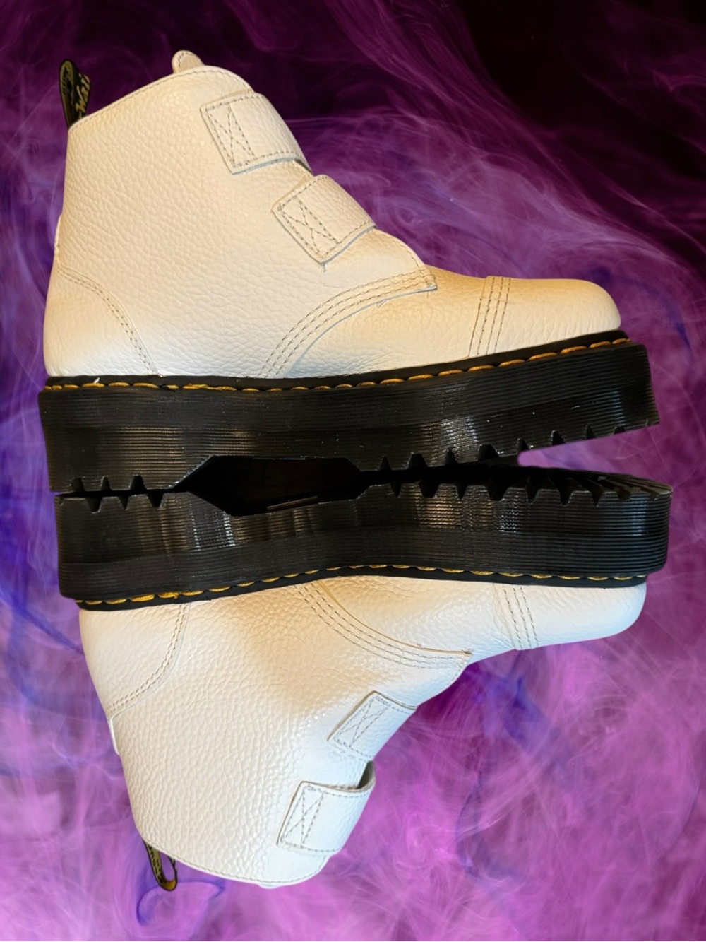 Dr. Martens Devon Flower Buckle White Pebbled Leather Platform Boots Sz 9 NEW - Picture 8 of 16